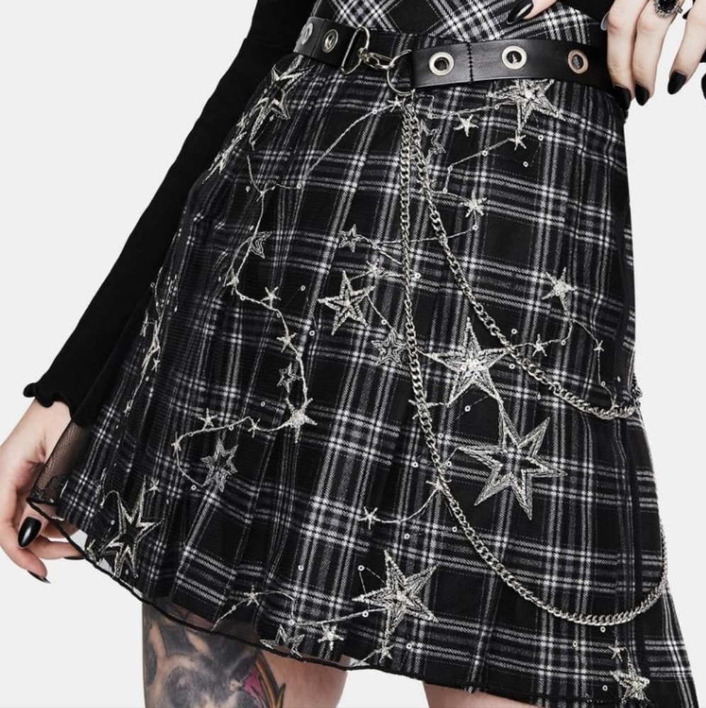NIP STARS AND STRIPES PLAID SKIRT WITH MESH DETAIL AND CHAIN BELT